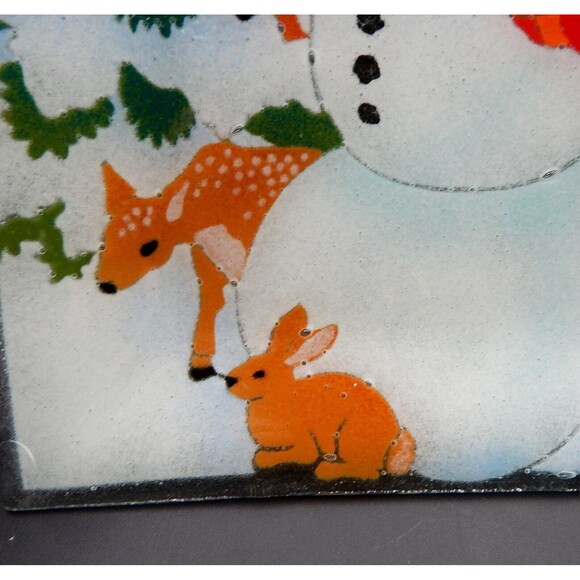 Peggy Karr Fused Glass Snowman Platter Tray Plate Square 9 In Bunny Deer Winter - Picture 3 of 8